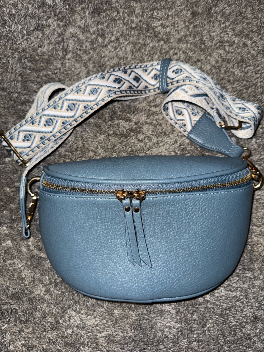 Light Blue Pebbled Crossbody Belt Bag with Patterned Strap